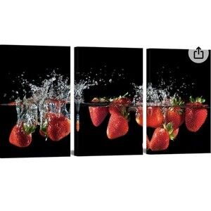 3 Pc Fruit Canvas Wall Art Kitchen Strawberry In Water Picture Poster 16x24” E